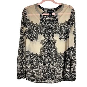 INC Sheer Mesh Printed Black Lace Illusion Top Size L Gothic Romance Whimsigoth